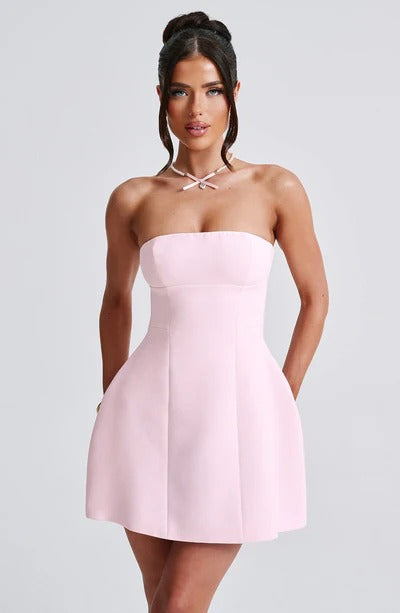 Blush pink strapless mini dress back view showing zip detail