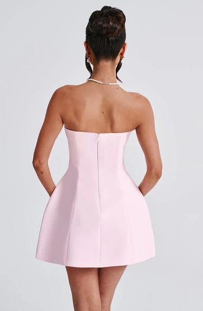 Navy strapless mini dress with fitted bodice and flared skirt