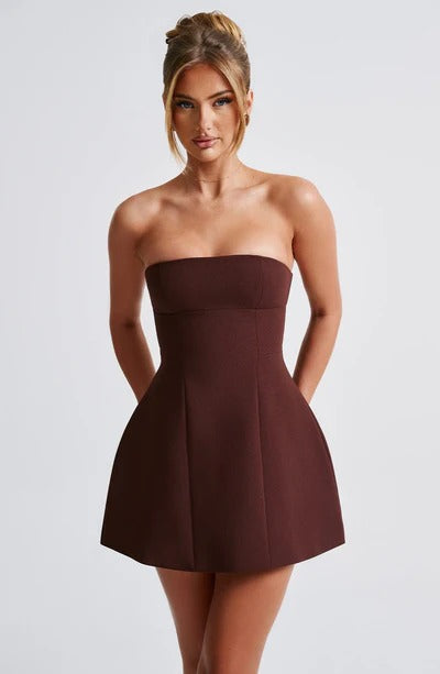 Front view of burgundy strapless mini dress with fitted waist and full skirt