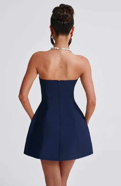 Front view of burgundy strapless mini dress with fitted waist and full skirt