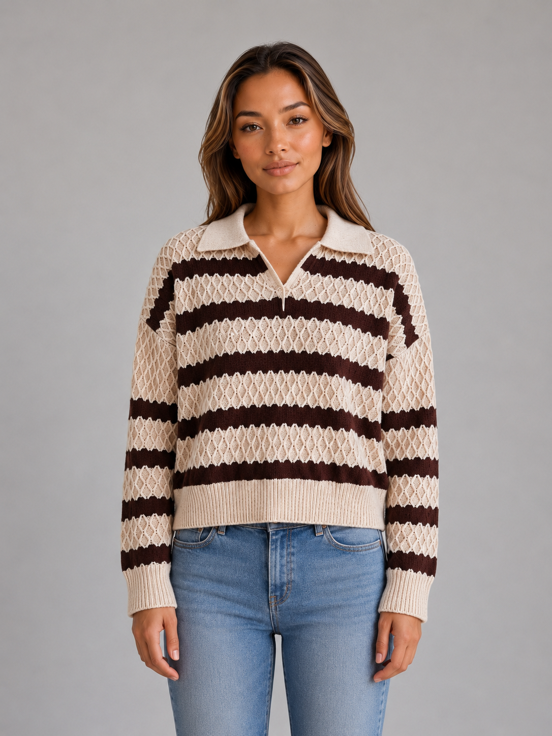 KILEY | STRIPED TEXTURED POLO SWEATER - Cream