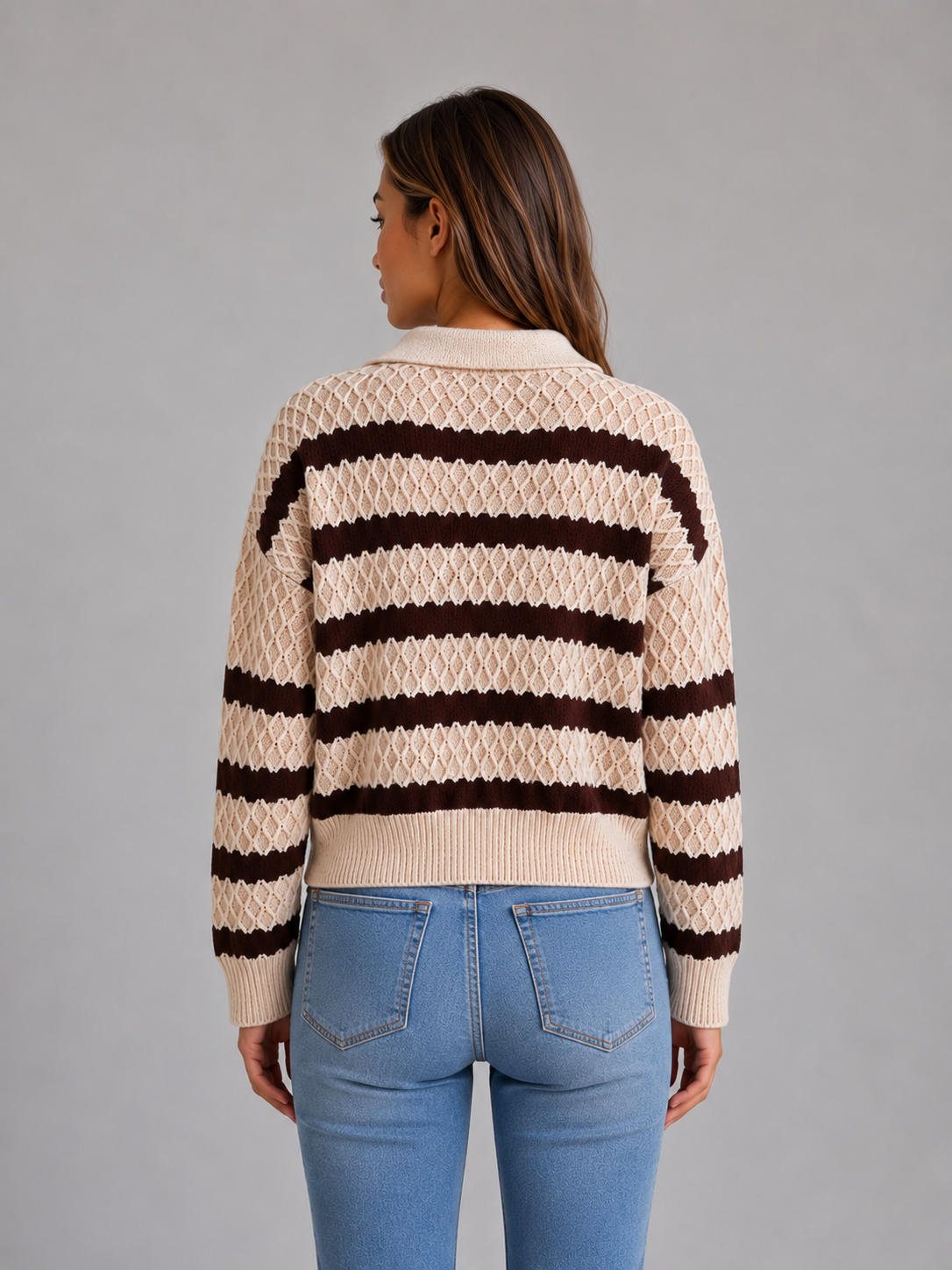 KILEY | STRIPED TEXTURED POLO SWEATER - Cream