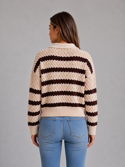 KILEY | STRIPED TEXTURED POLO SWEATER - Cream