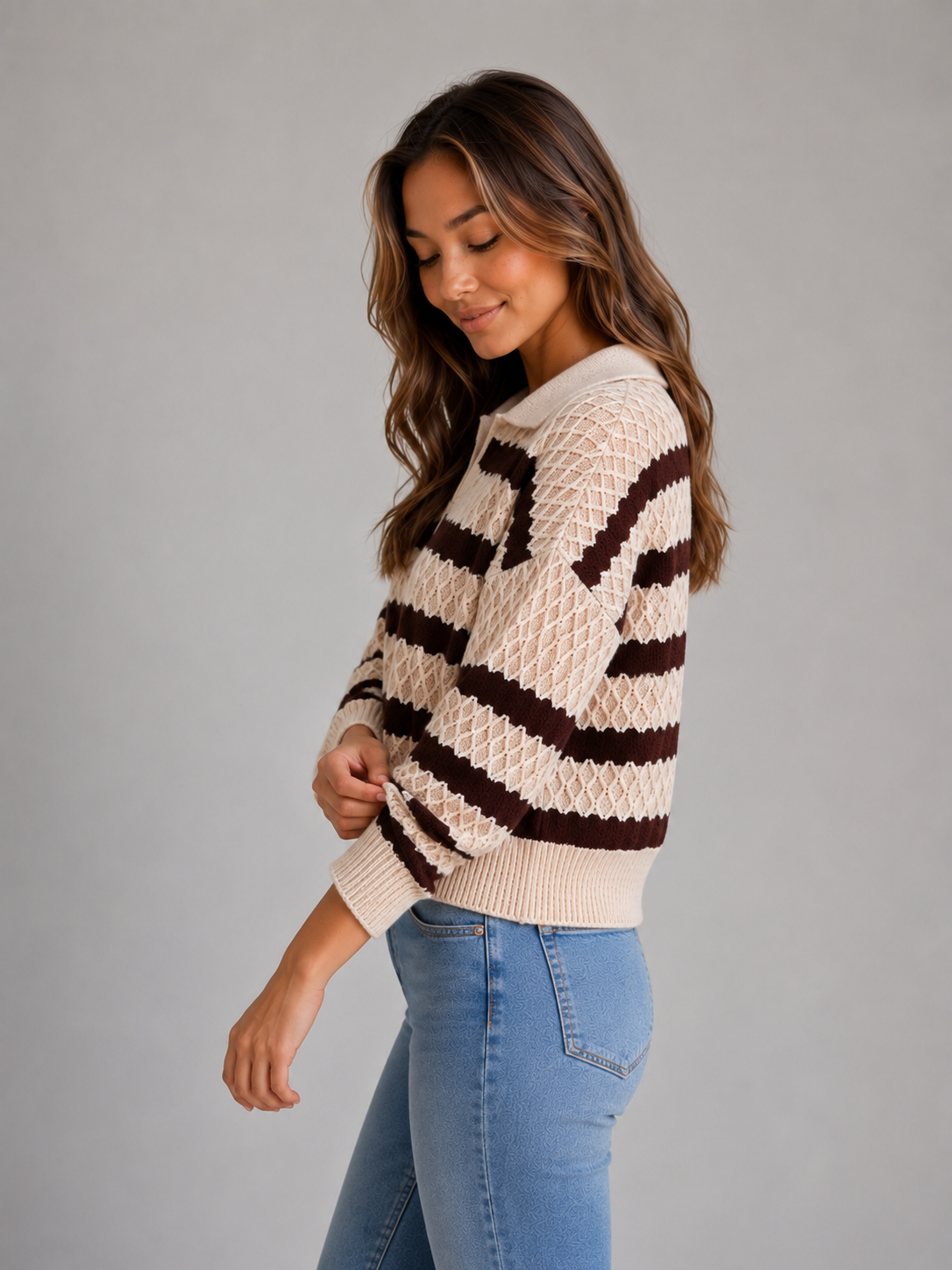 KILEY | STRIPED TEXTURED POLO SWEATER - Cream