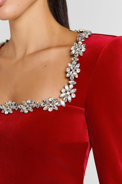 Red velvet jumpsuit shoulder detail with crystal flower trim embellishment