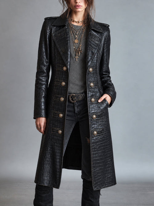 KIONA | CROC-EMBOSSED LONGLINE LEATHER-LOOK COAT - Black