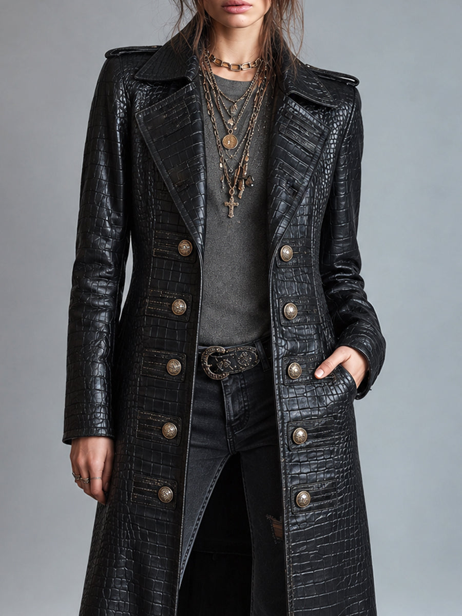 KIONA | CROC-EMBOSSED LONGLINE LEATHER-LOOK COAT - Black