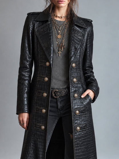 KIONA | CROC-EMBOSSED LONGLINE LEATHER-LOOK COAT - Black