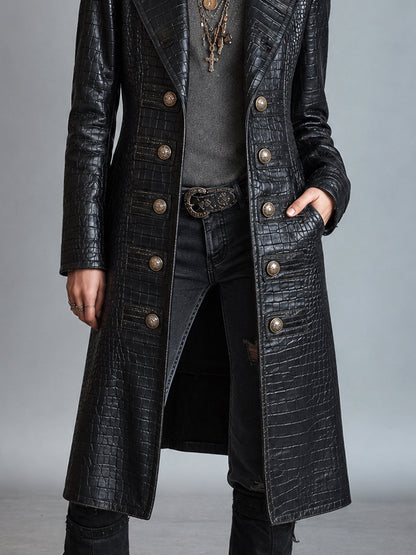 KIONA | CROC-EMBOSSED LONGLINE LEATHER-LOOK COAT - Black