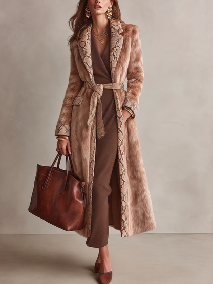 KIRSTYN | SNAKESKIN-INSPIRED TRIM FAUX FUR COAT - Camel