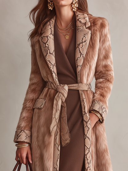 KIRSTYN | SNAKESKIN-INSPIRED TRIM FAUX FUR COAT - Camel