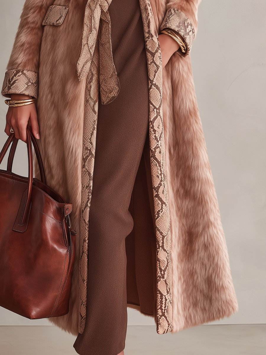 KIRSTYN | SNAKESKIN-INSPIRED TRIM FAUX FUR COAT - Camel