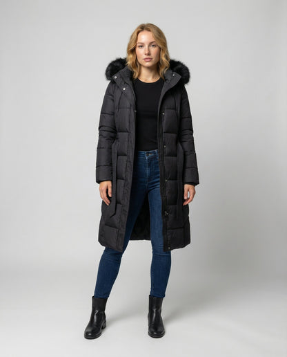 KOLBIE | FAUX FUR HOODED BELTED LONGLINE PUFFER COAT - Black