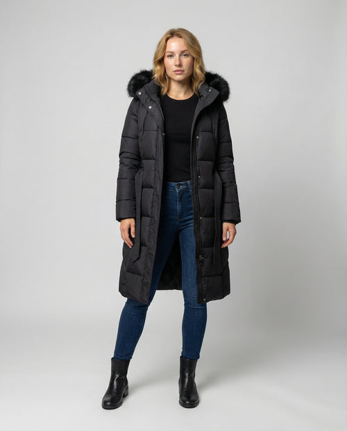 KOLBIE | FAUX FUR HOODED BELTED LONGLINE PUFFER COAT - Black