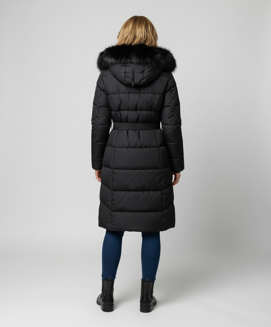 KOLBIE | FAUX FUR HOODED BELTED LONGLINE PUFFER COAT - Black