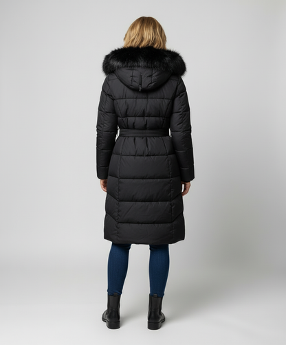 KOLBIE | FAUX FUR HOODED BELTED LONGLINE PUFFER COAT - Black