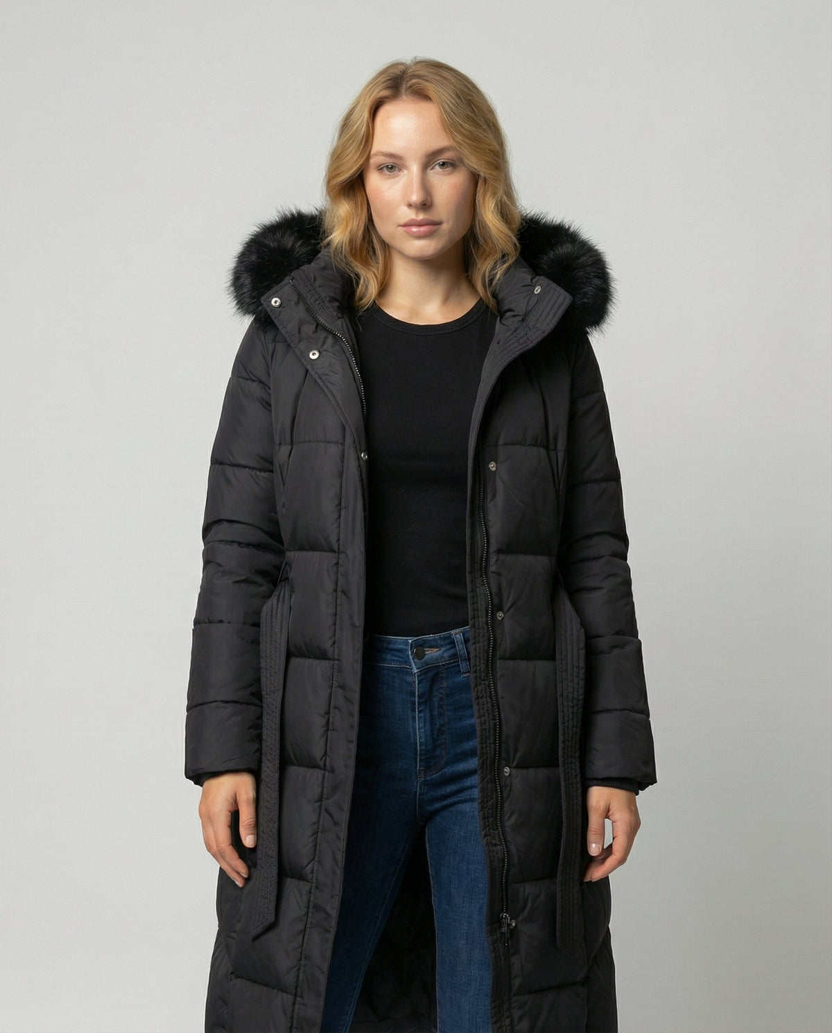 KOLBIE | FAUX FUR HOODED BELTED LONGLINE PUFFER COAT - Black