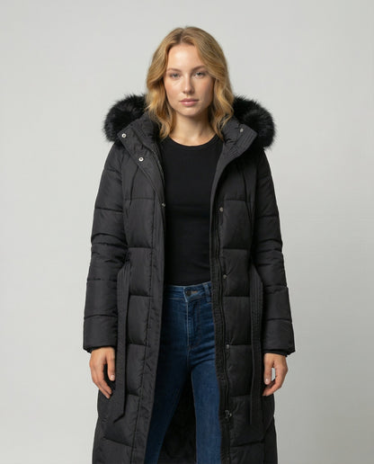KOLBIE | FAUX FUR HOODED BELTED LONGLINE PUFFER COAT - Black