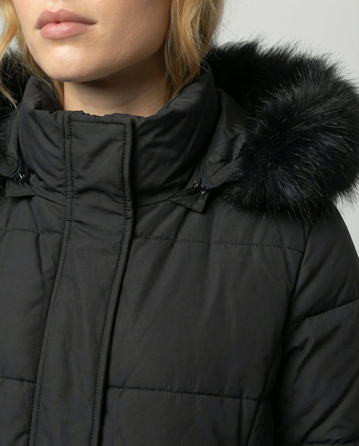 KOLBIE | FAUX FUR HOODED BELTED LONGLINE PUFFER COAT - Black