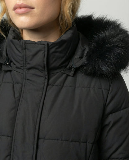 KOLBIE | FAUX FUR HOODED BELTED LONGLINE PUFFER COAT - Black