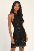 KORI | SEQUIN HALTER MINI DRESS - Black