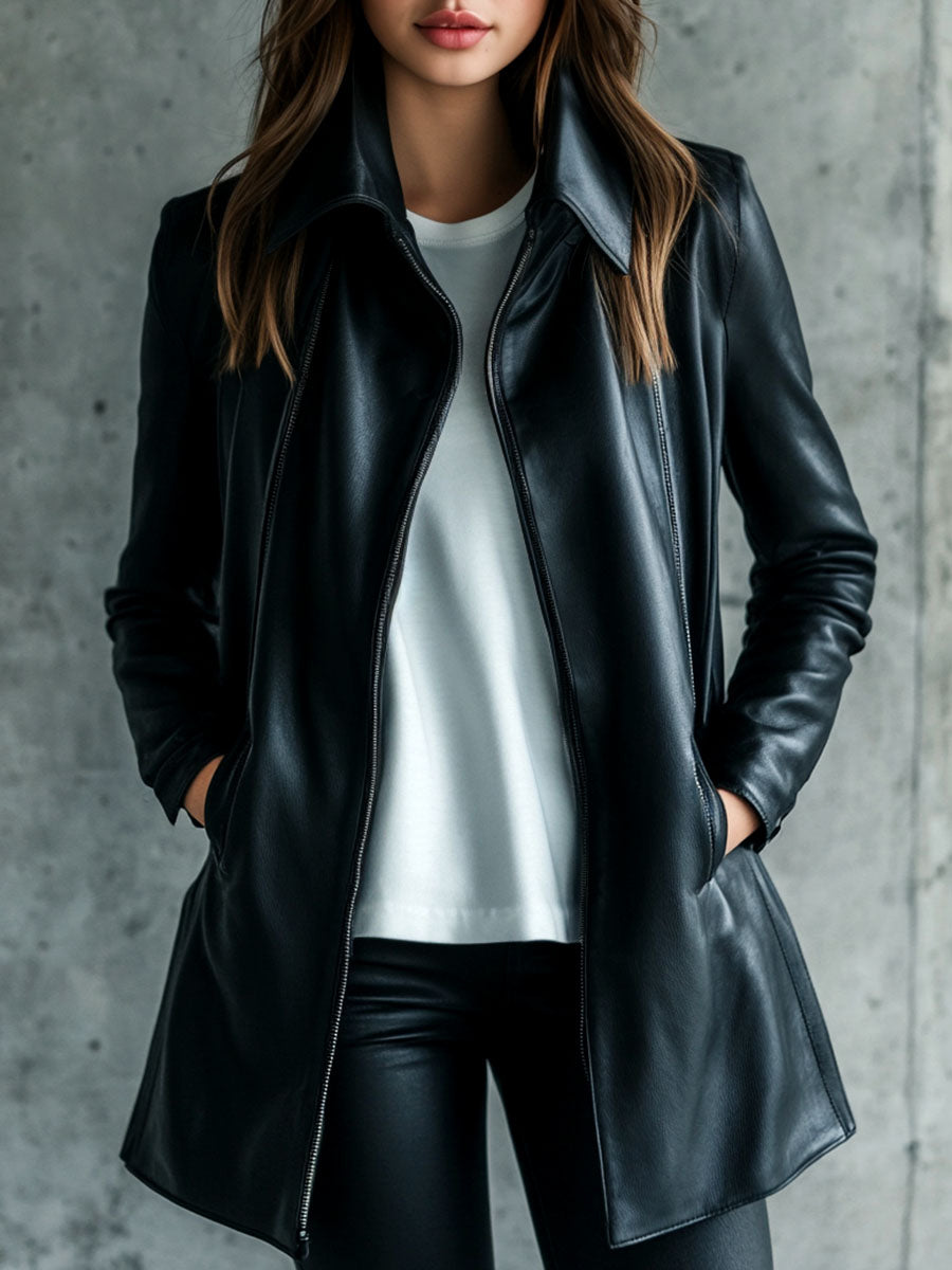 KORINNE | LEATHER COLLARED ZIP-UP JACKET - Black