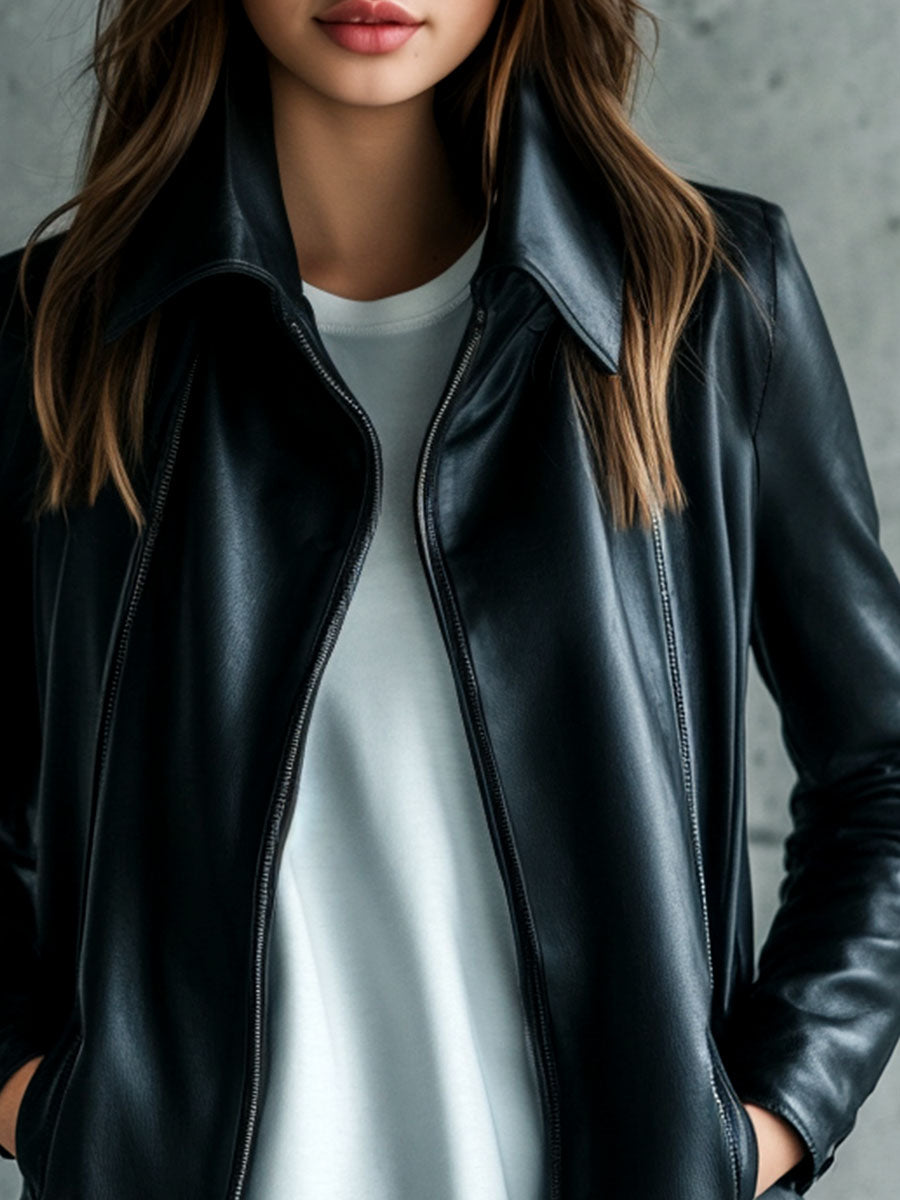 KORINNE | LEATHER COLLARED ZIP-UP JACKET - Black
