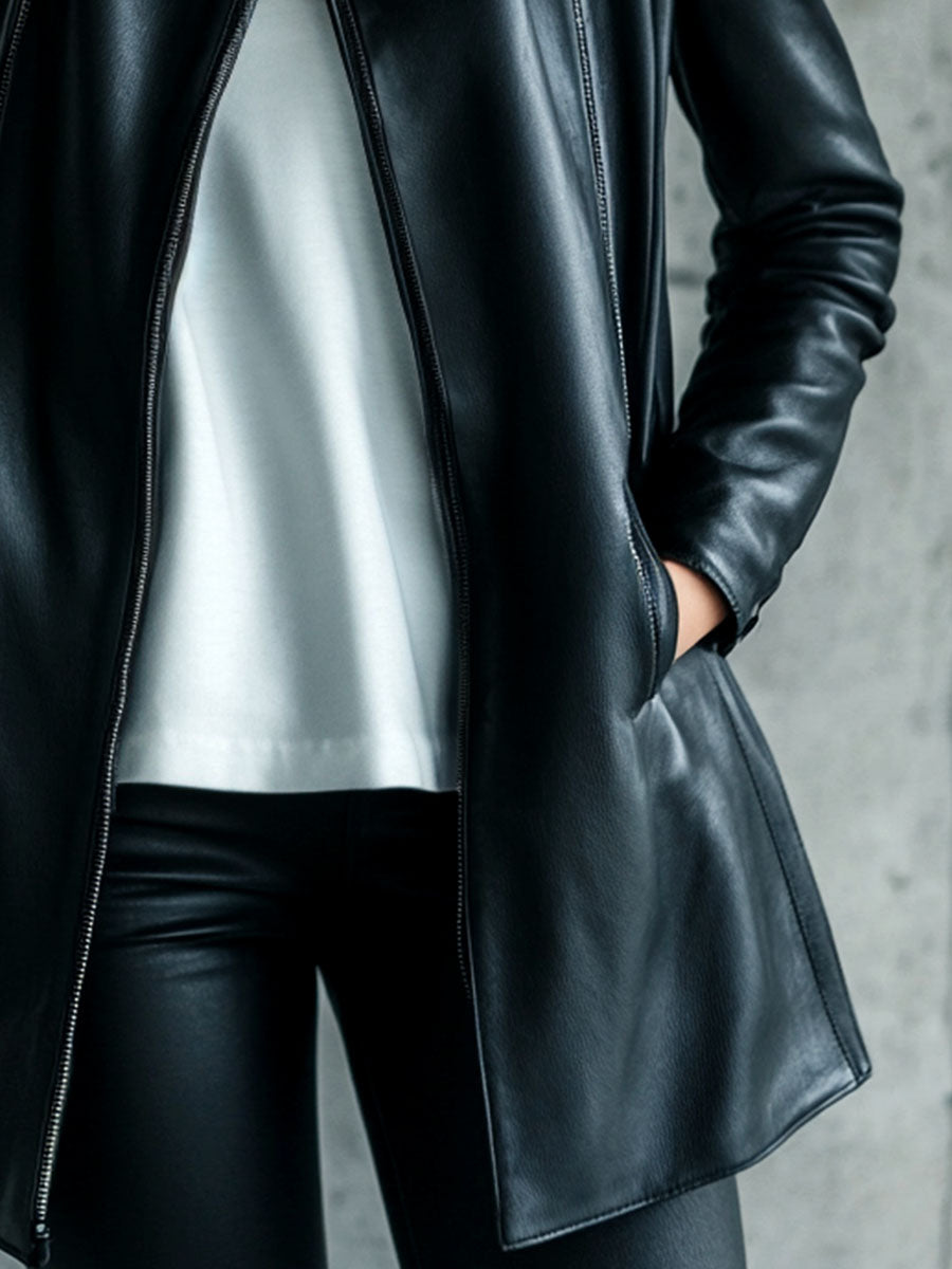KORINNE | LEATHER COLLARED ZIP-UP JACKET - Black