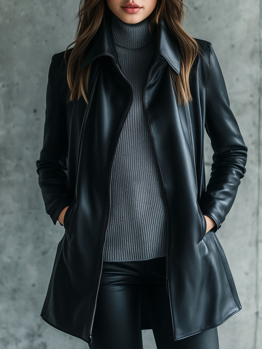 KORINNE | LEATHER COLLARED ZIP-UP JACKET - Black