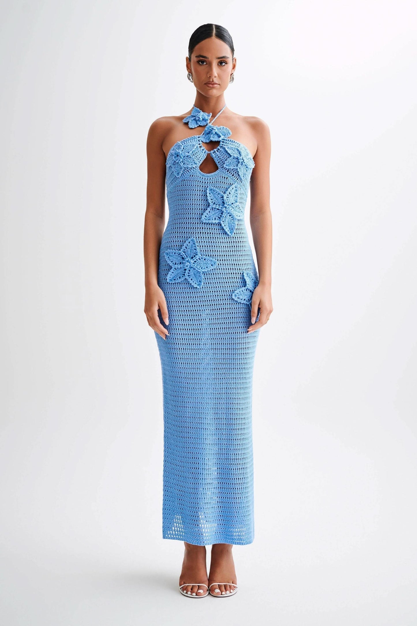 Blue crochet maxi dress with white butterfly appliqués and halter neck
