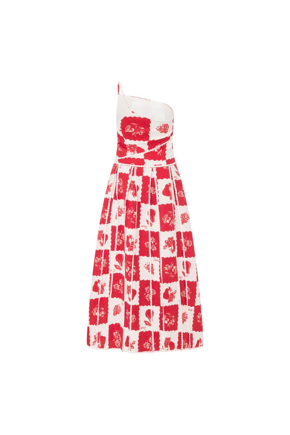 Red and white patchwork maxi dress with one-shoulder neckline