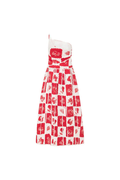 Red and white patchwork maxi dress with one-shoulder neckline