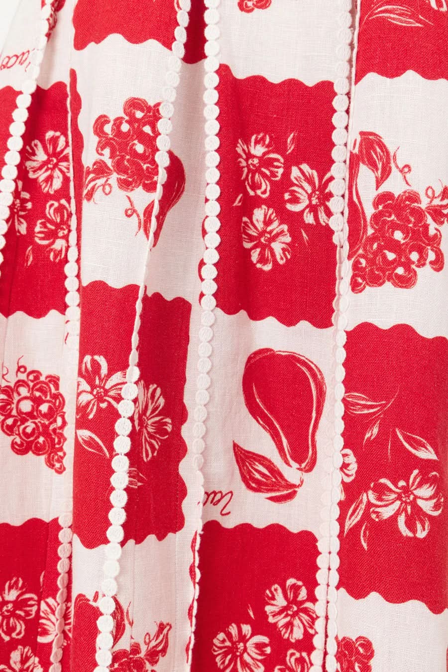 Red and white floral maxi dress with scalloped trim detail