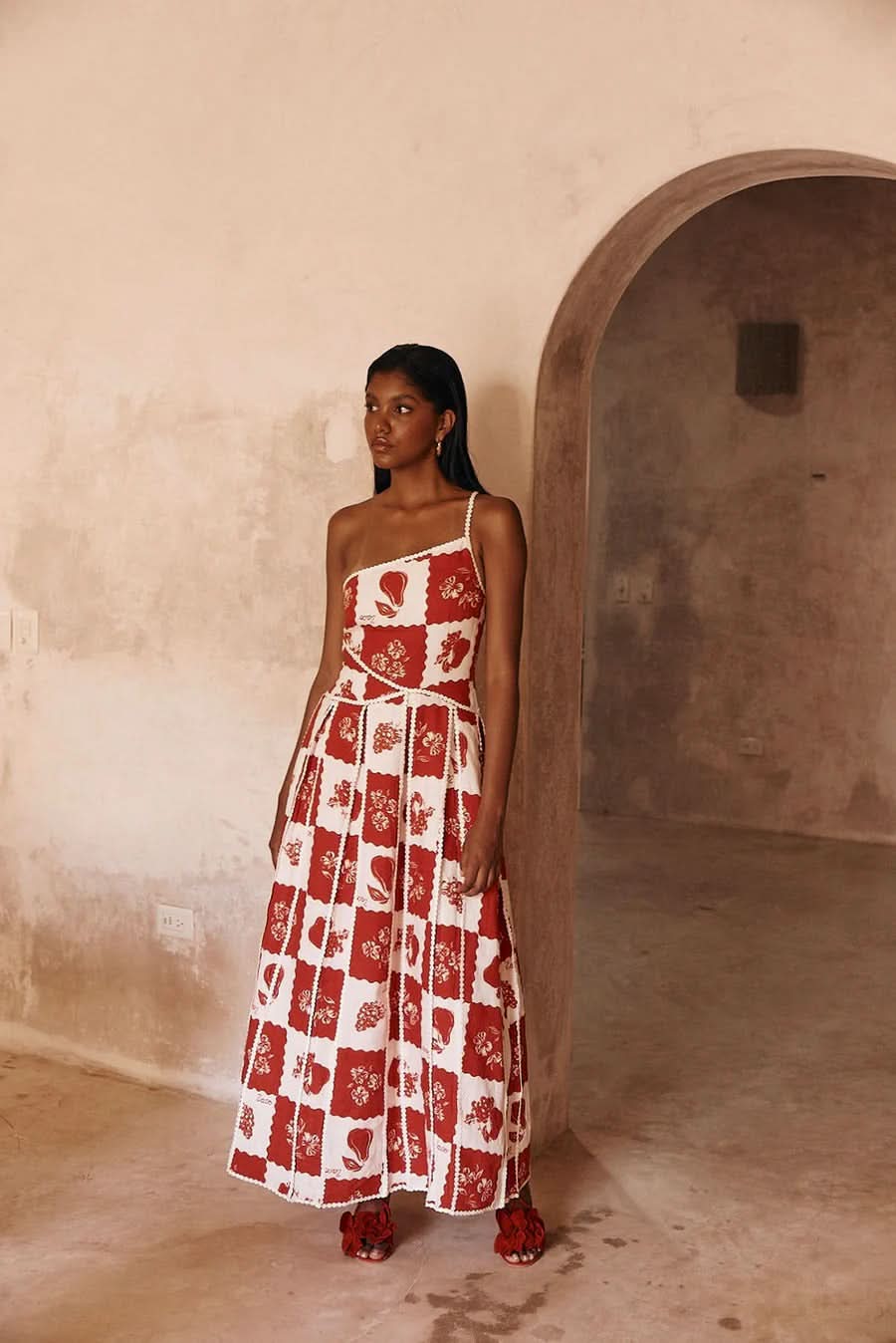 Strapless red and white maxi dress with floral patchwork pattern