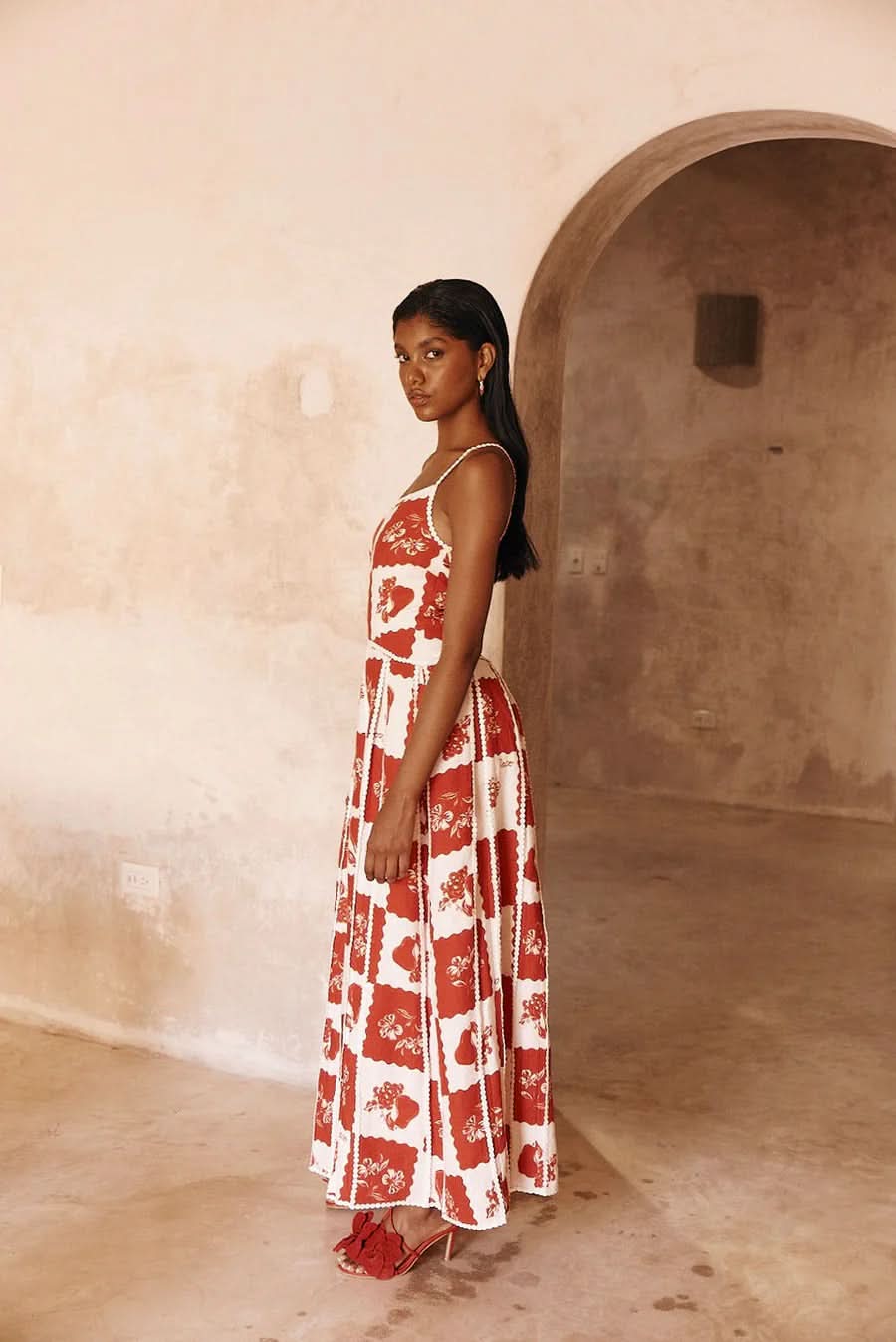 Strapless red and white maxi dress with floral patchwork pattern