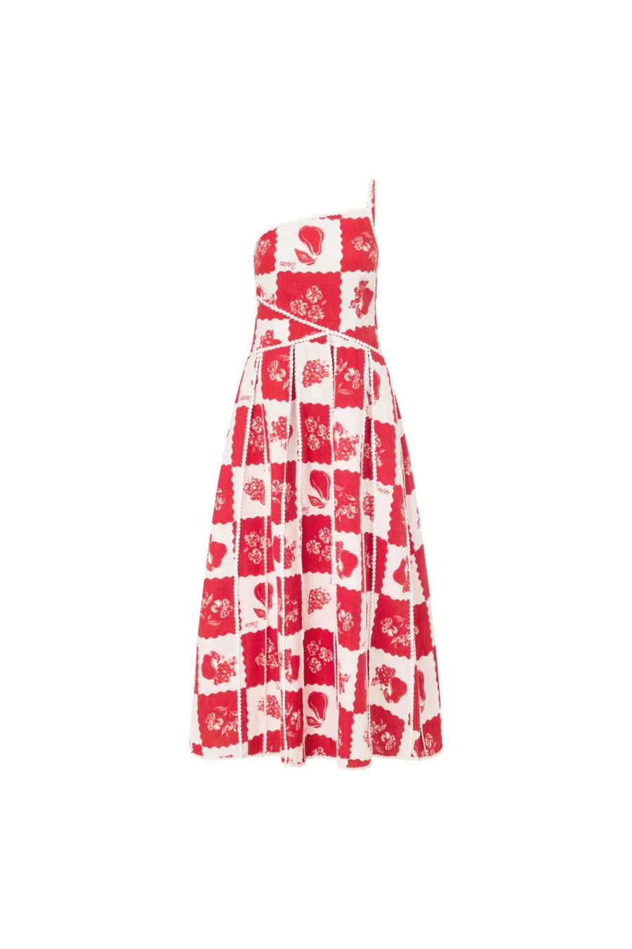 Maxi dress with white bouquet detail and red patchwork pattern