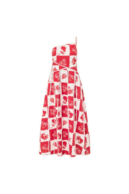 Full-length red and white maxi dress with strapless bodice