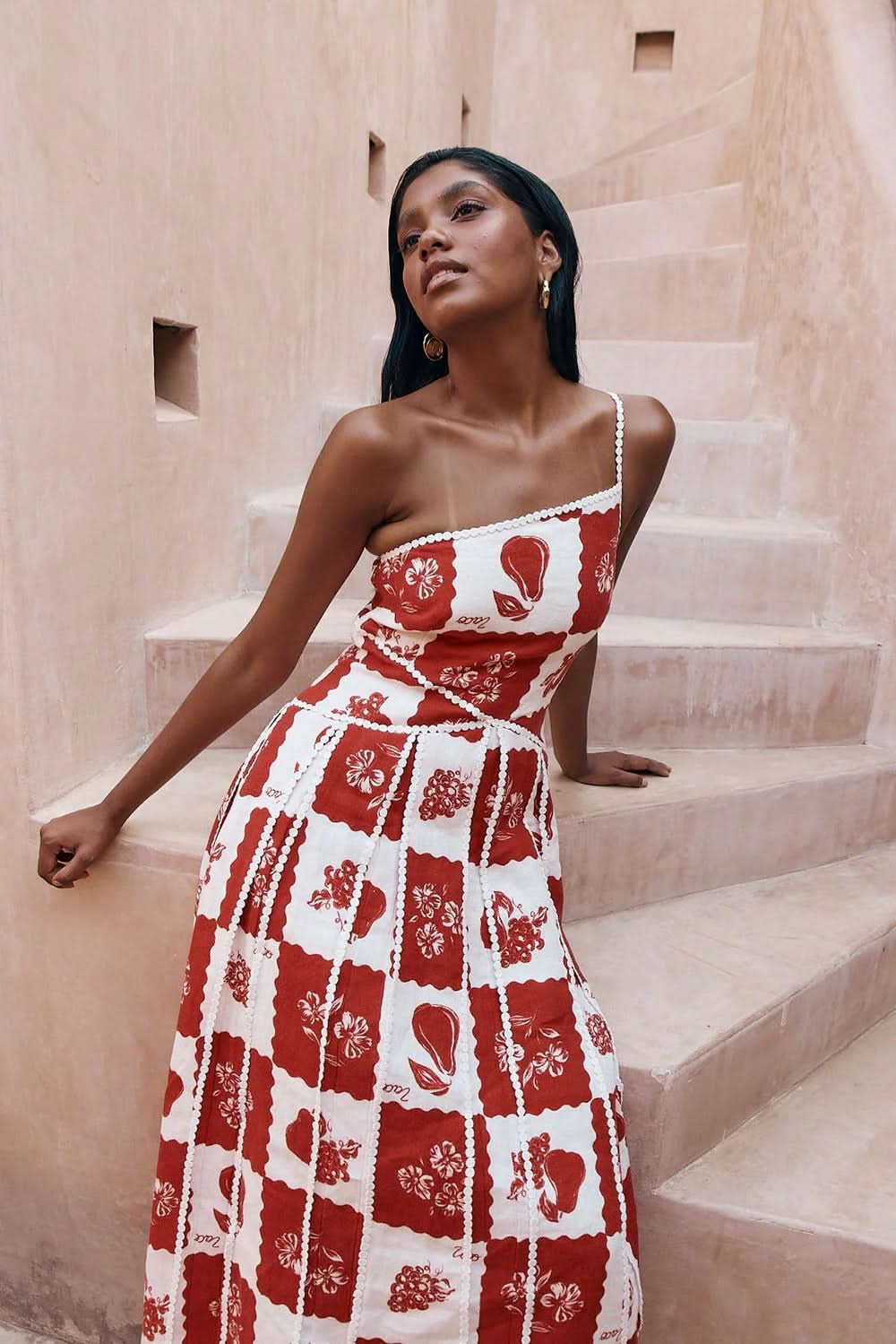 Red and white patchwork maxi dress with floral print and pearl trim