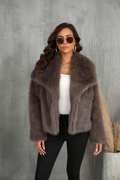 Taupe fur coat with shawl collar and open front design