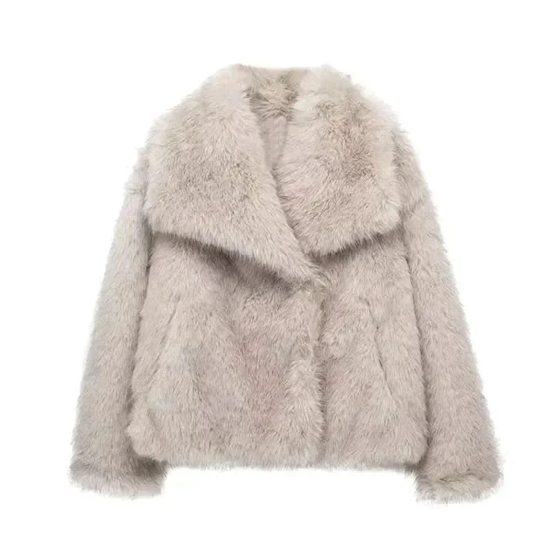 Cream colored fur coat with wide lapels, flat lay front view