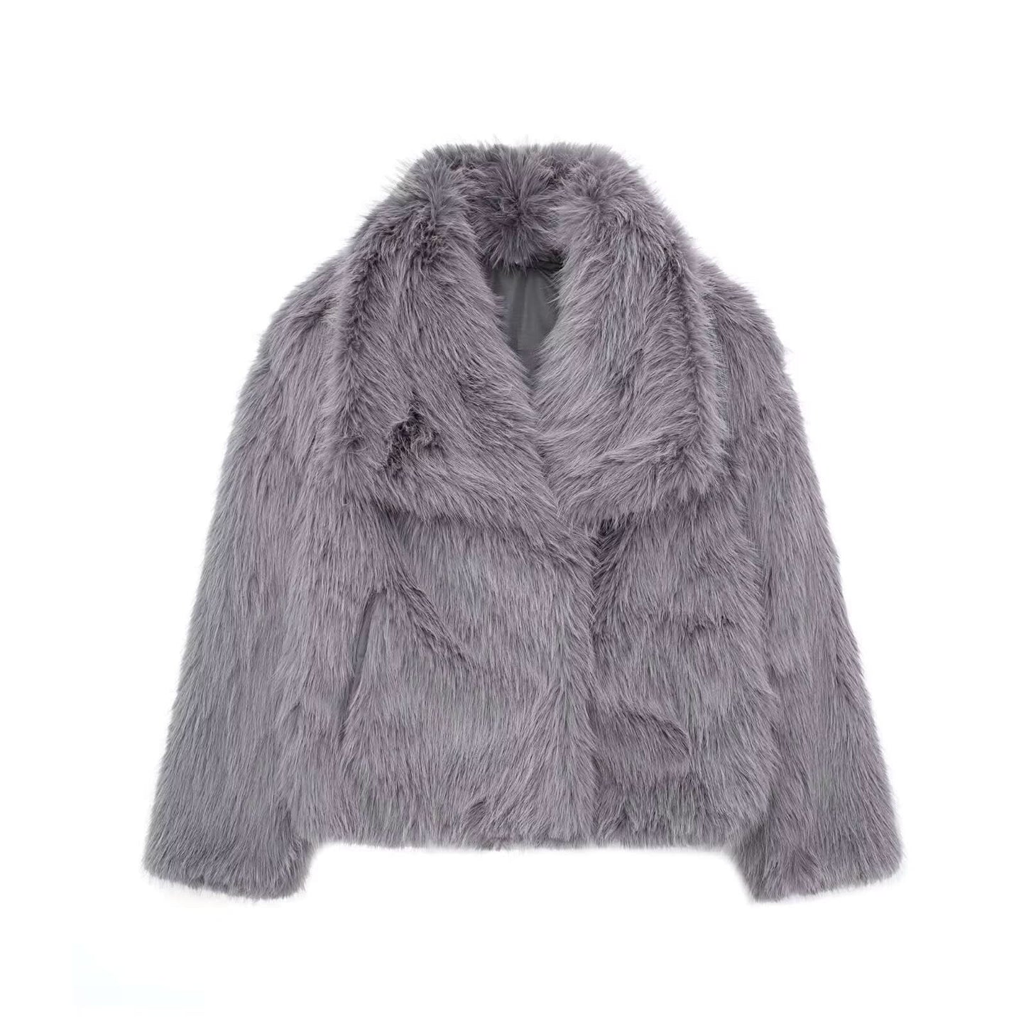 Gray faux fur jacket with oversized collar, flat lay front view