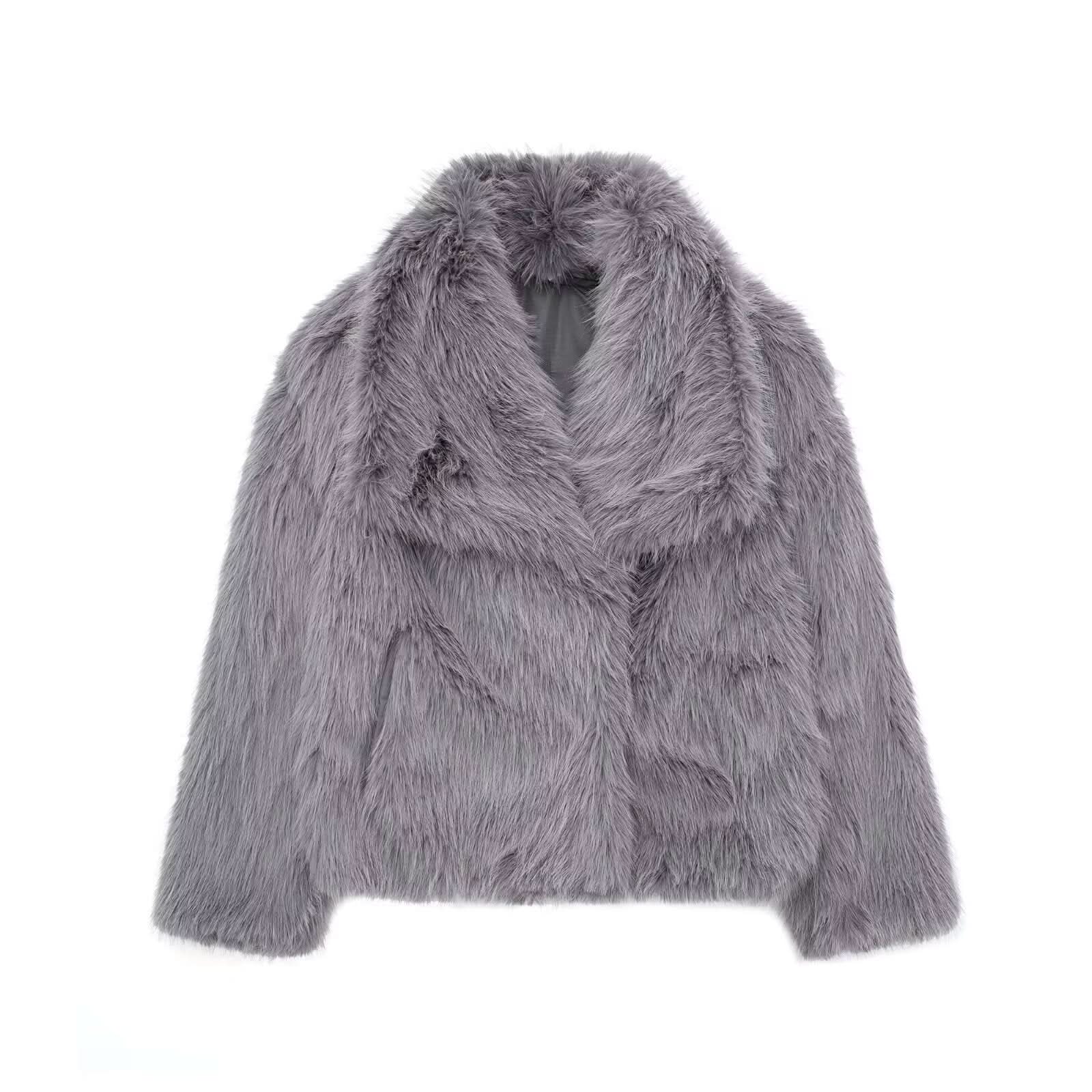 Gray faux fur jacket with oversized collar, flat lay front view
