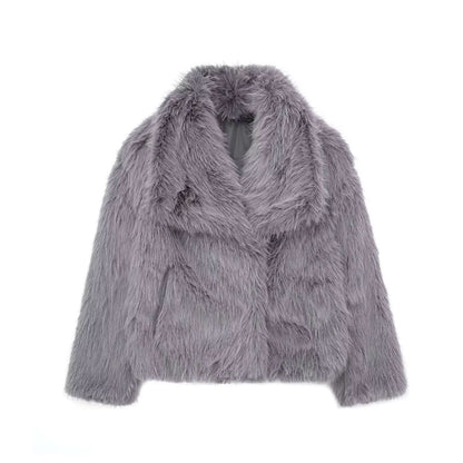 Gray faux fur jacket with oversized collar, flat lay front view