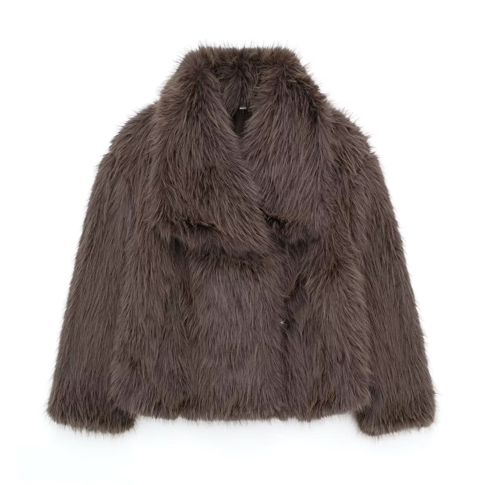 Charcoal brown fur coat with voluminous sleeves and shawl collar
