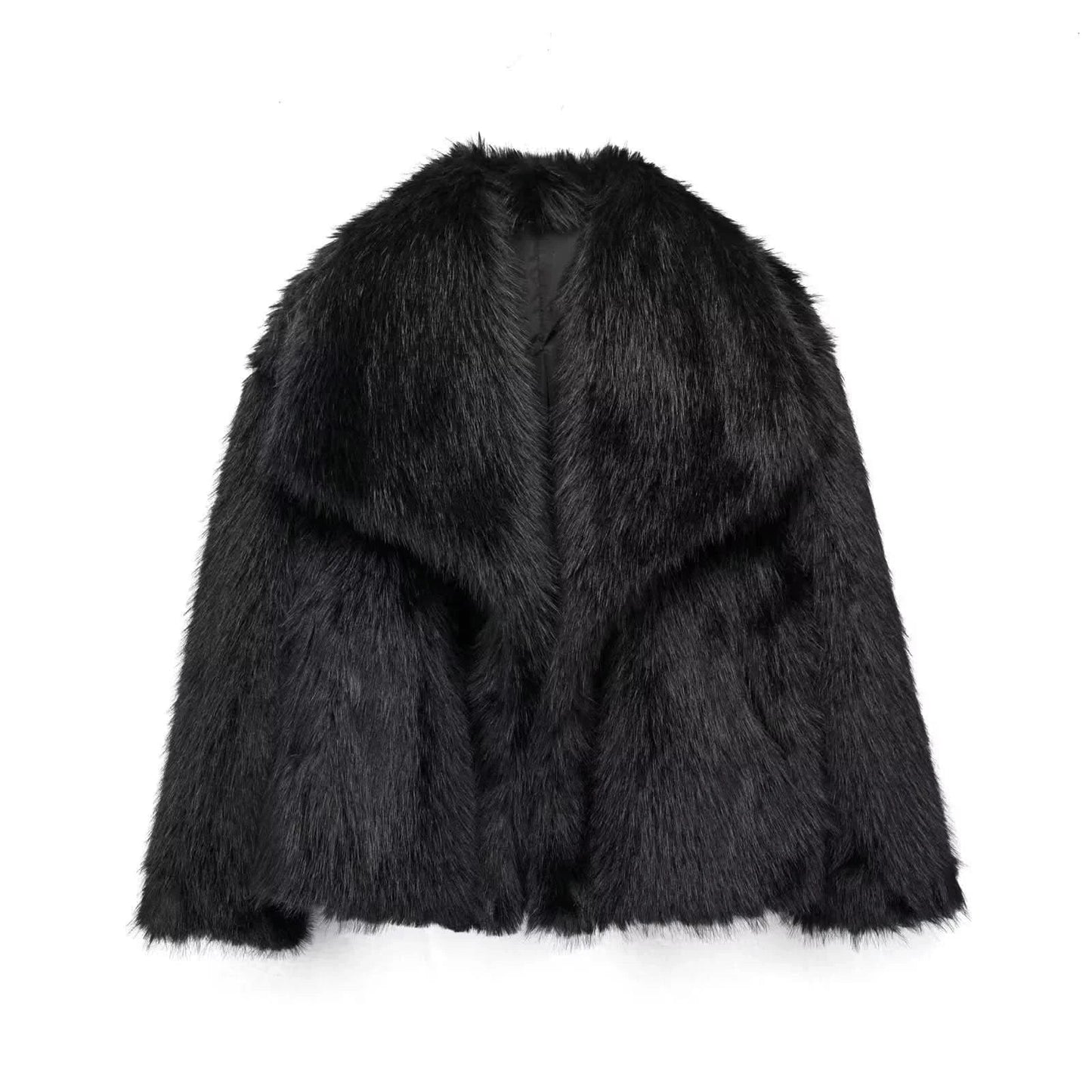 Black faux fur coat with wide lapels and thick cuffs, flat lay view