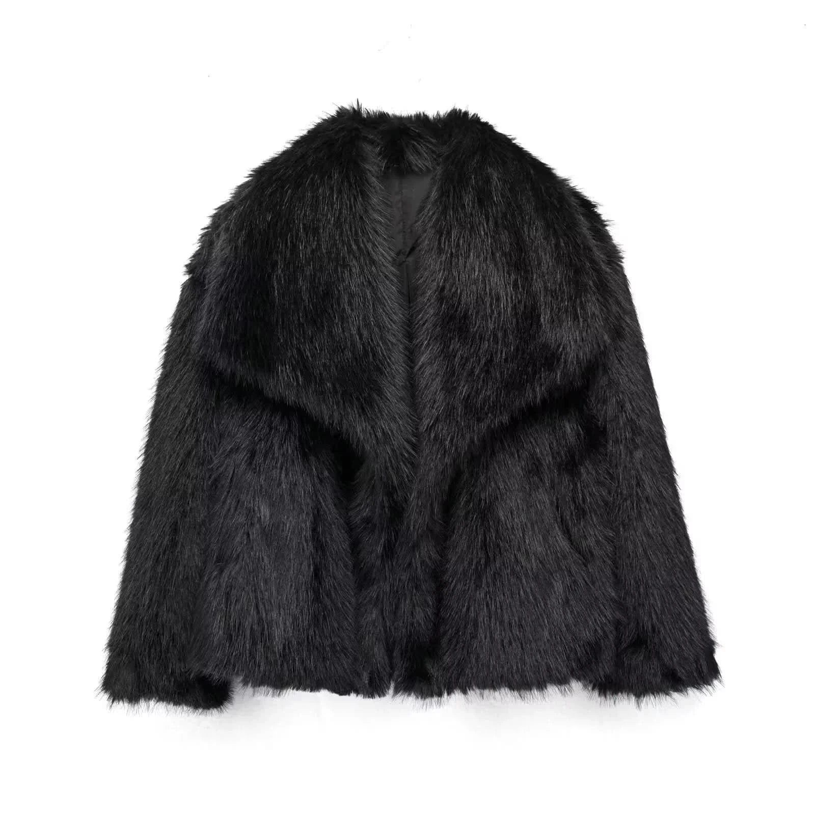 Black faux fur coat with wide lapels and thick cuffs, flat lay view