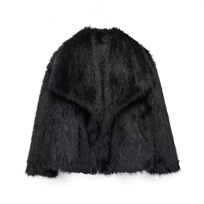 Black faux fur coat with wide lapels and thick cuffs, flat lay view