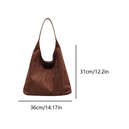 Brown suede tote bag with dimensions 36cm width by 31cm height