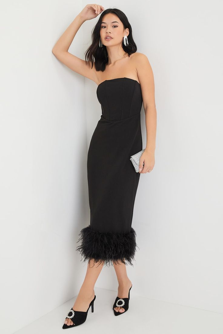 LAKYN | FEATHER HEM STRAPLESS MIDI DRESS - Black