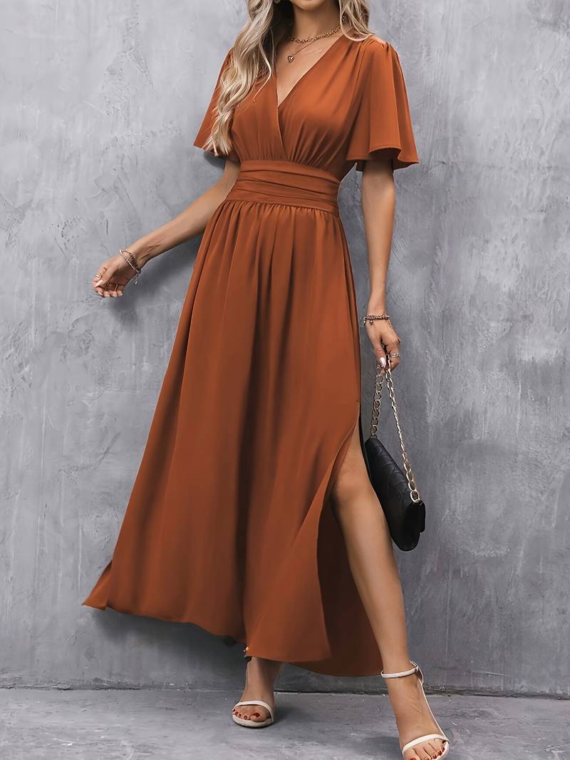 LALITA | FLUTTER SLEEVE SIDE SLIT MAXI DRESS - Rust
